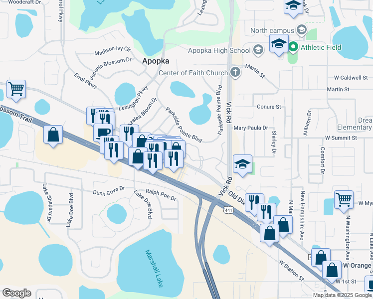 map of restaurants, bars, coffee shops, grocery stores, and more near 838 Ashworth Overlook Drive in Apopka