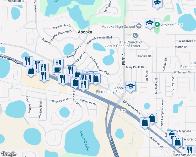 map of restaurants, bars, coffee shops, grocery stores, and more near 838 Ashworth Overlook Drive in Apopka
