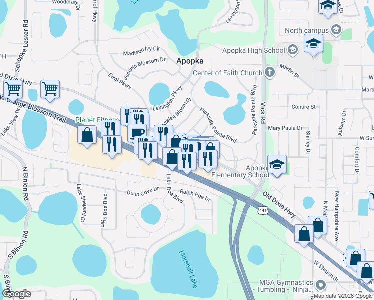 map of restaurants, bars, coffee shops, grocery stores, and more near 1124 Errol Place Circle in Apopka