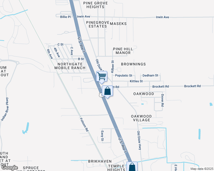map of restaurants, bars, coffee shops, grocery stores, and more near 3515 Brockett Road in Mims