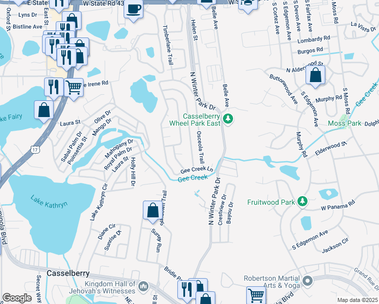 map of restaurants, bars, coffee shops, grocery stores, and more near 839 Turtle Mound Drive in Casselberry