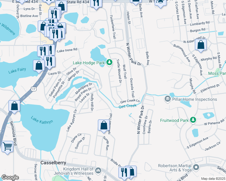 map of restaurants, bars, coffee shops, grocery stores, and more near 835 Osceola Trail in Casselberry