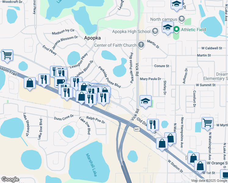 map of restaurants, bars, coffee shops, grocery stores, and more near 770 Parkside Pointe Boulevard in Apopka