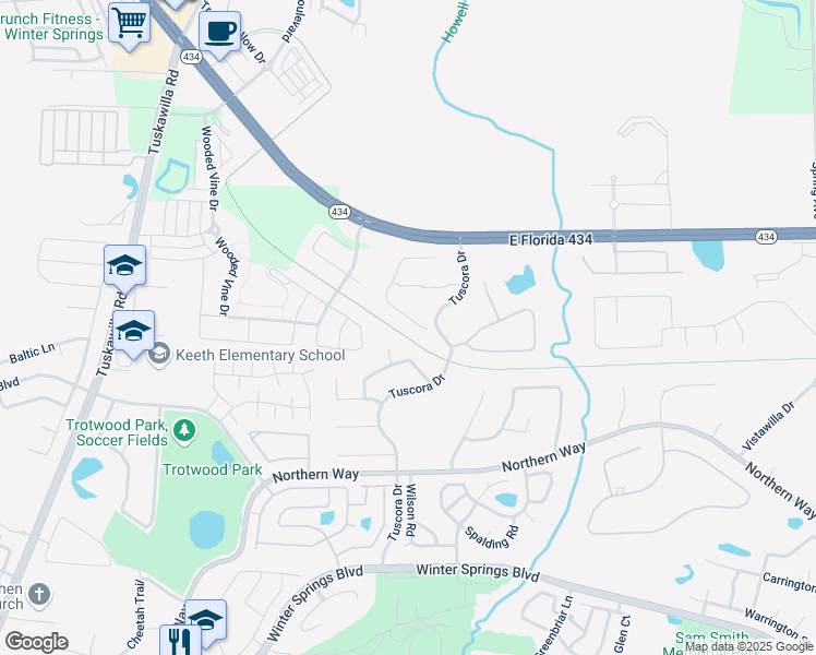 map of restaurants, bars, coffee shops, grocery stores, and more near 211 Heatherwood Court in Winter Springs