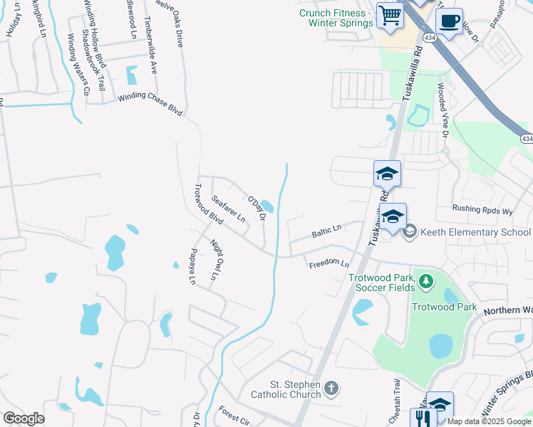 map of restaurants, bars, coffee shops, grocery stores, and more near 1142 O'Day Drive in Winter Springs