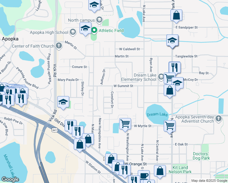 map of restaurants, bars, coffee shops, grocery stores, and more near 479 Comfort Drive in Apopka