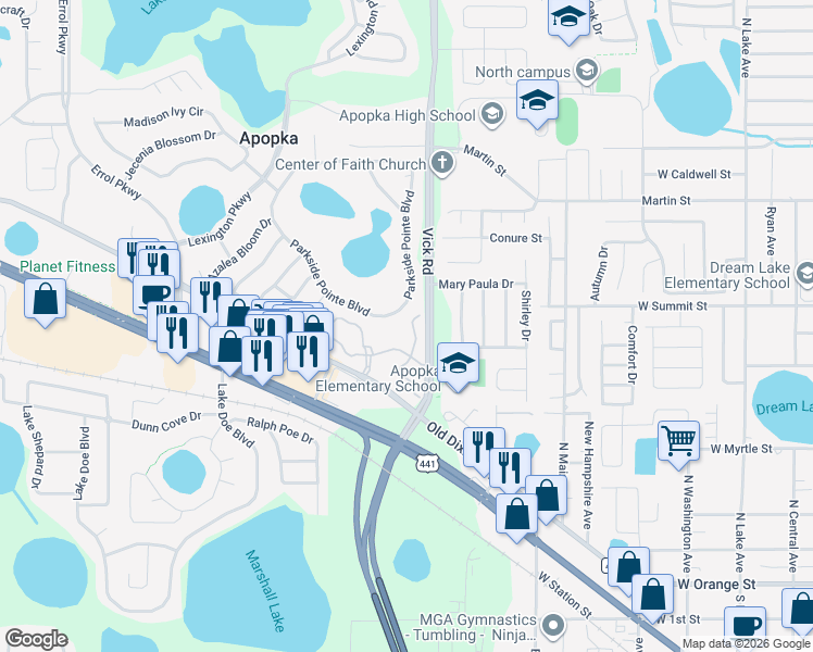 map of restaurants, bars, coffee shops, grocery stores, and more near 704 Parkside Pointe Boulevard in Apopka
