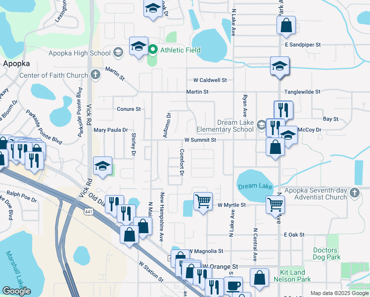 map of restaurants, bars, coffee shops, grocery stores, and more near 479 Comfort Drive in Apopka