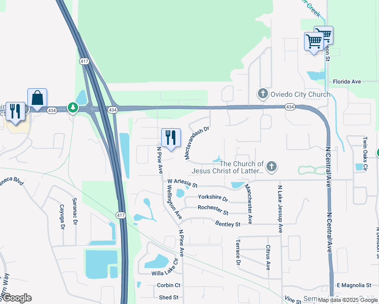map of restaurants, bars, coffee shops, grocery stores, and more near 1240 Mactavandash Drive in Oviedo