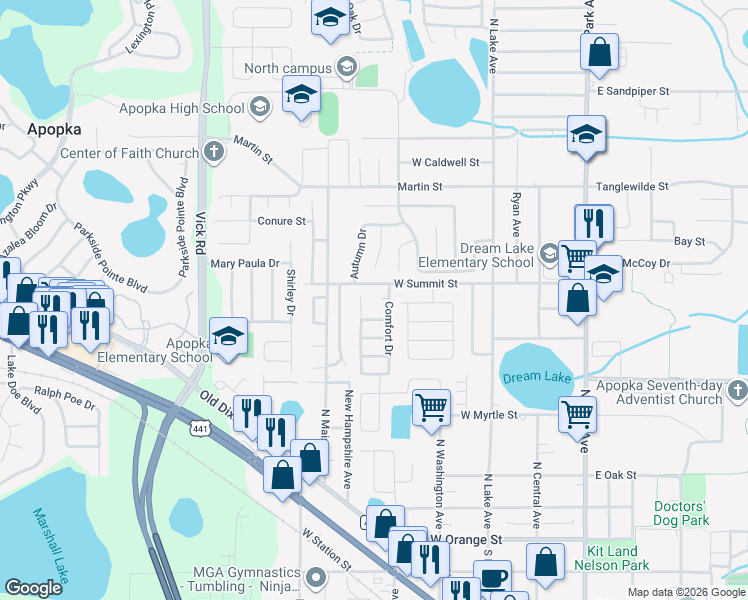map of restaurants, bars, coffee shops, grocery stores, and more near 481 Breezeway Drive in Apopka