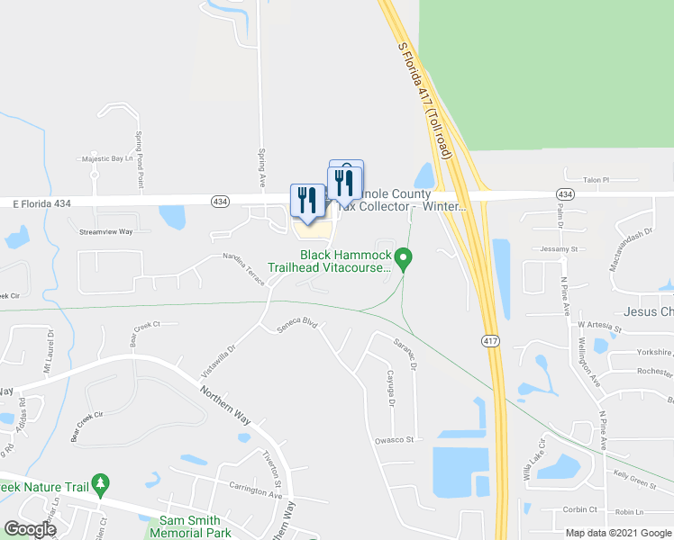 map of restaurants, bars, coffee shops, grocery stores, and more near 103 Goshawk Terrace in Winter Springs