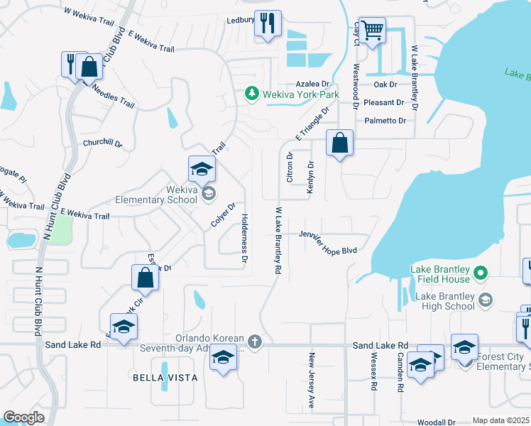 map of restaurants, bars, coffee shops, grocery stores, and more near 2831 Brantley Hills Court in Longwood