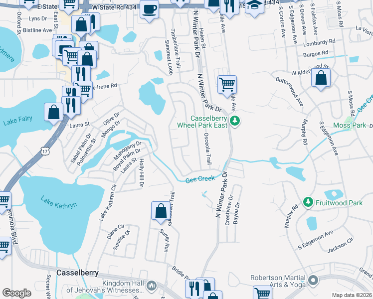 map of restaurants, bars, coffee shops, grocery stores, and more near 839 Turtle Mound Drive in Casselberry