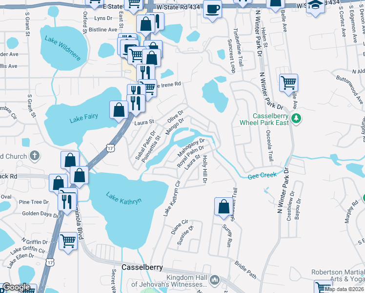 map of restaurants, bars, coffee shops, grocery stores, and more near 722-1018 Mahogany Drive in Casselberry