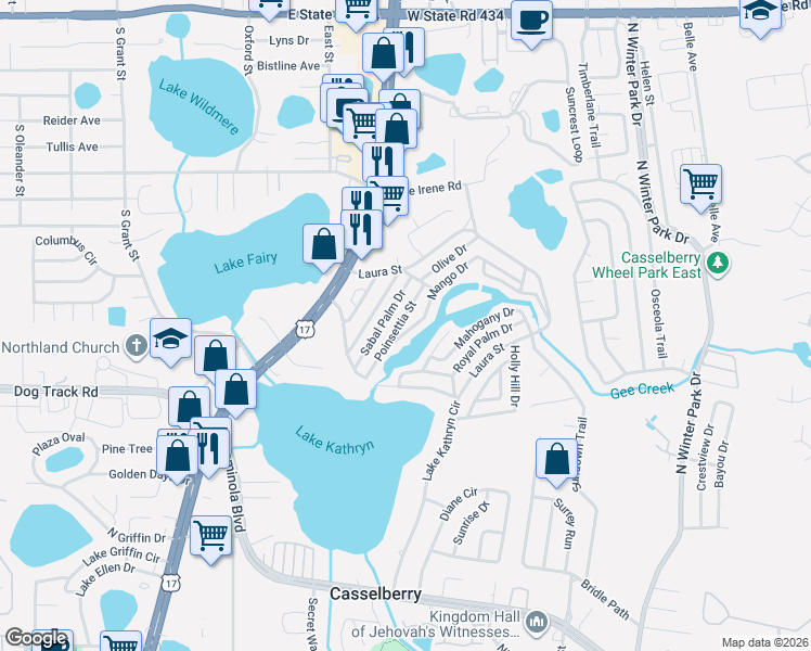 map of restaurants, bars, coffee shops, grocery stores, and more near 861 Sabal Palm Drive in Casselberry