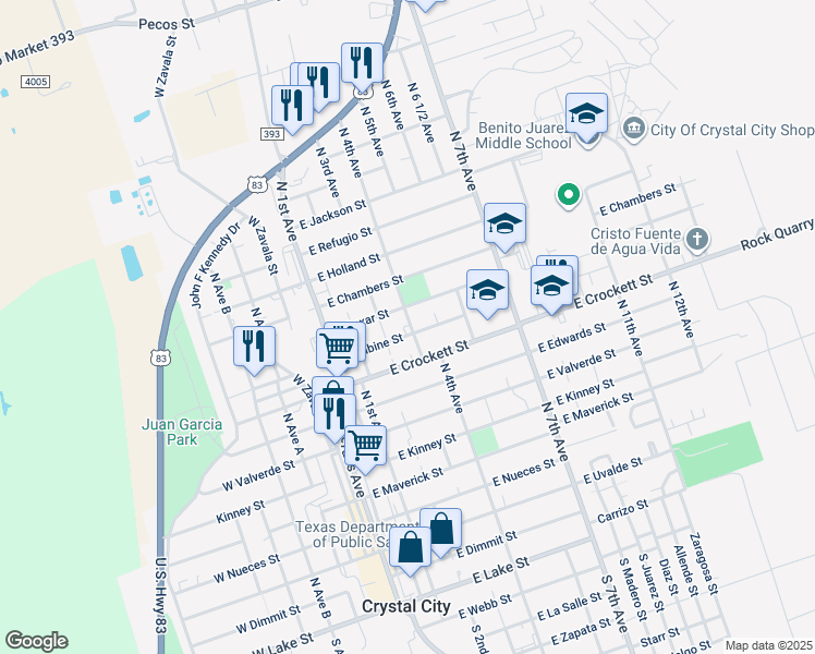 map of restaurants, bars, coffee shops, grocery stores, and more near 422 East Bexar Street in Crystal City