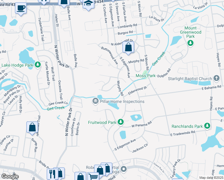 map of restaurants, bars, coffee shops, grocery stores, and more near 410 South Hawthorn Circle in Winter Springs