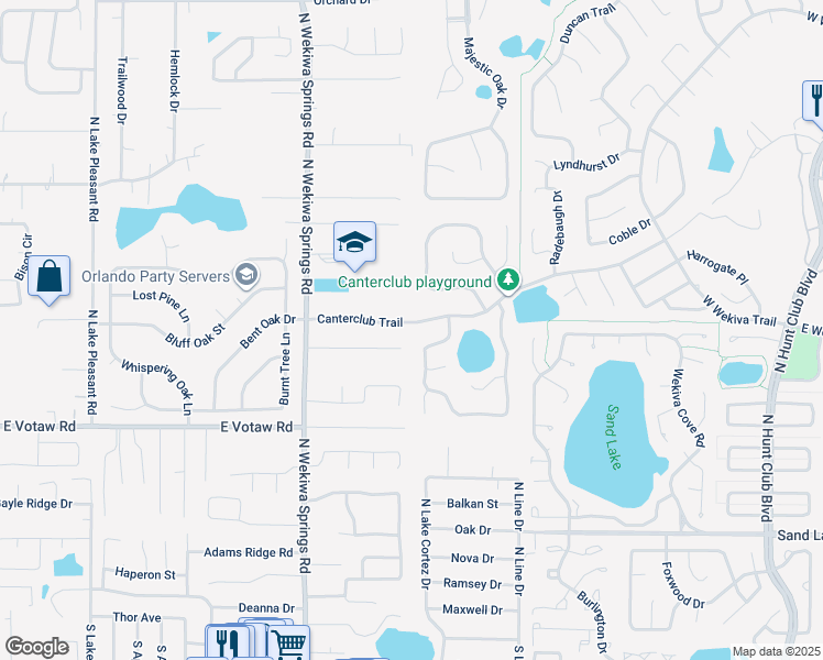 map of restaurants, bars, coffee shops, grocery stores, and more near 2528 Canterclub Trail in Apopka