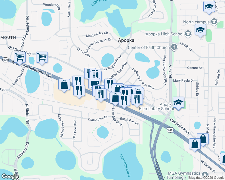 map of restaurants, bars, coffee shops, grocery stores, and more near 1426 Old Dixie Highway in Apopka