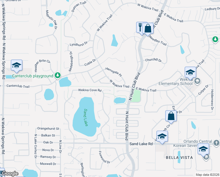 map of restaurants, bars, coffee shops, grocery stores, and more near 208 Pembrook Place in Wekiwa Springs