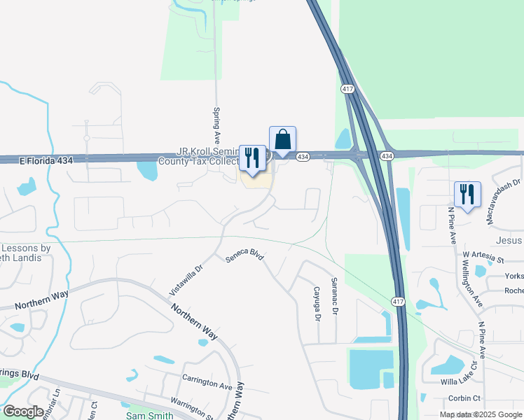map of restaurants, bars, coffee shops, grocery stores, and more near 107 Redtail Place in Winter Springs