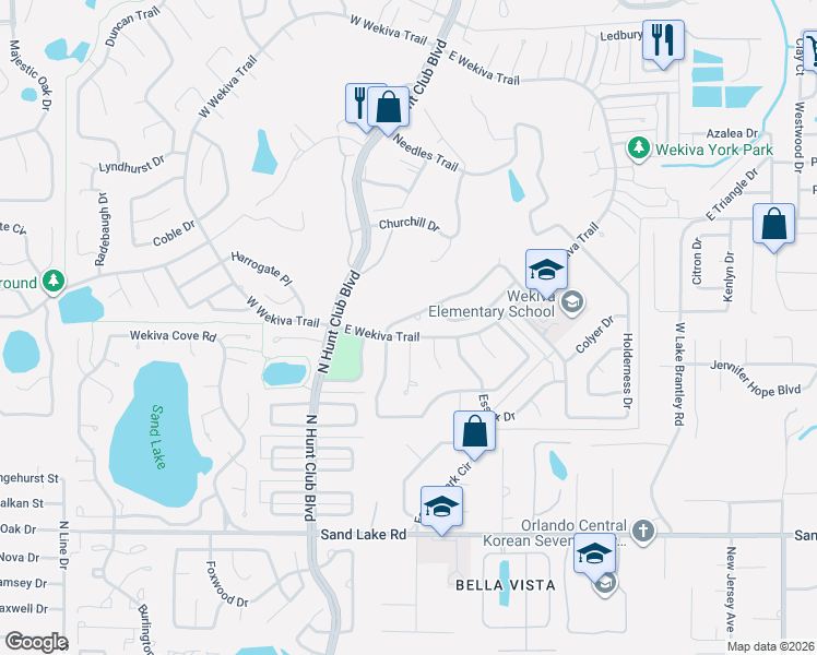 map of restaurants, bars, coffee shops, grocery stores, and more near 285 Whitcombe Court in Wekiwa Springs