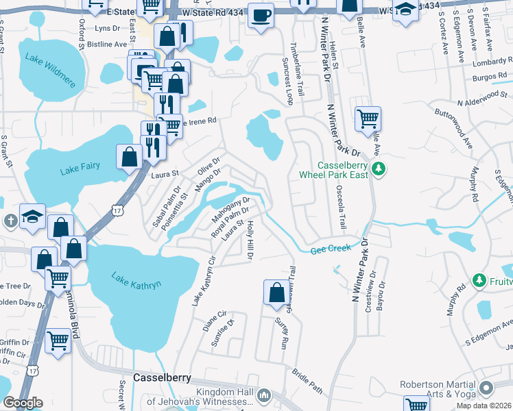 map of restaurants, bars, coffee shops, grocery stores, and more near 899 Royal Palm Dr in Casselberry