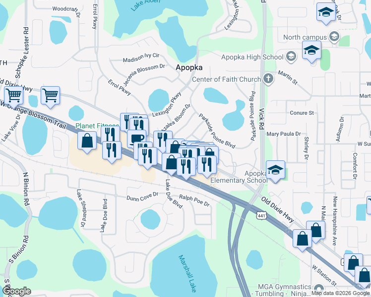 map of restaurants, bars, coffee shops, grocery stores, and more near 822 Magnolia Blossom Court in Apopka