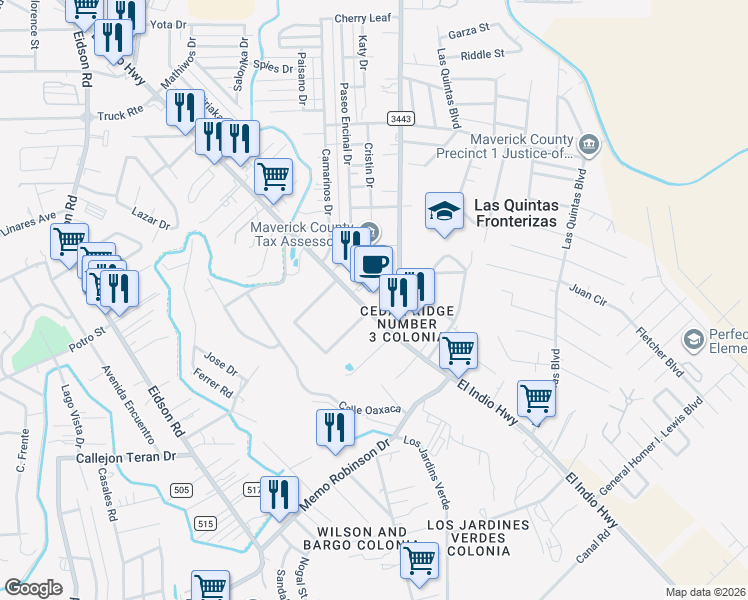 map of restaurants, bars, coffee shops, grocery stores, and more near 1989 S Veterans Blvd in Eagle Pass