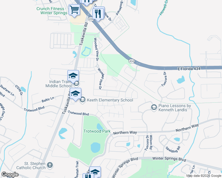 map of restaurants, bars, coffee shops, grocery stores, and more near 1459 Rushing Rapids Way in Winter Springs