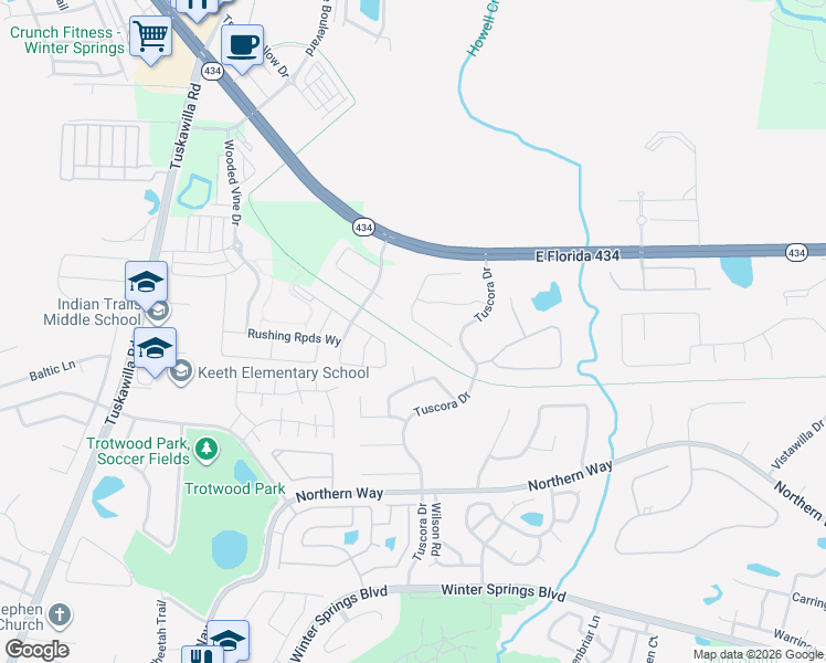 map of restaurants, bars, coffee shops, grocery stores, and more near 208 Heatherwood Court in Winter Springs
