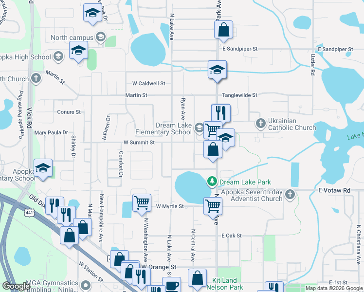 map of restaurants, bars, coffee shops, grocery stores, and more near 451 North Lake Avenue in Apopka