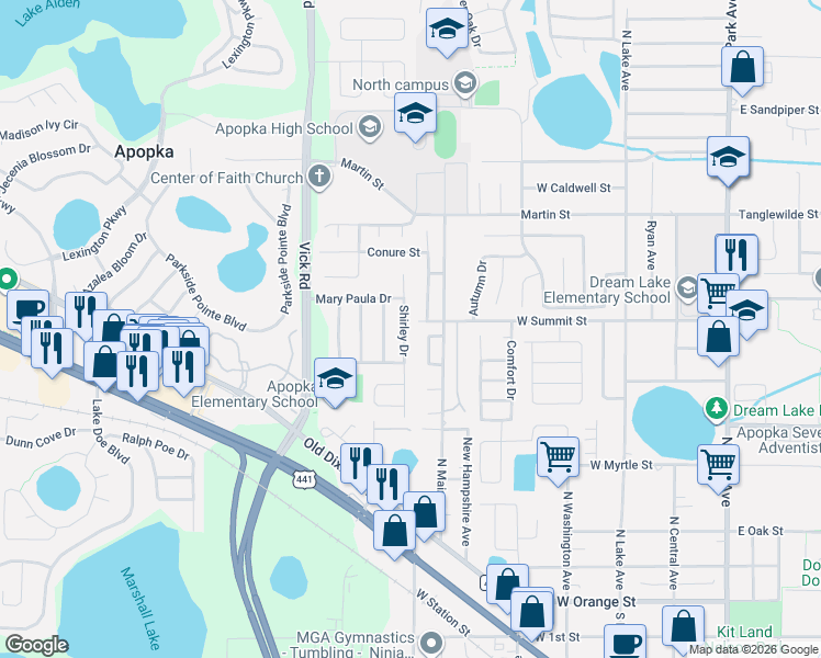 map of restaurants, bars, coffee shops, grocery stores, and more near 501 Shirley Drive in Apopka