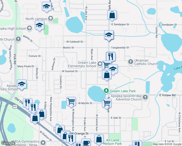 map of restaurants, bars, coffee shops, grocery stores, and more near 451 North Lake Avenue in Apopka