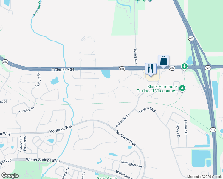 map of restaurants, bars, coffee shops, grocery stores, and more near 132 Nandina Terrace in Winter Springs