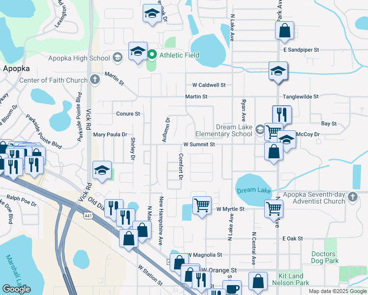 map of restaurants, bars, coffee shops, grocery stores, and more near 479 Comfort Drive in Apopka