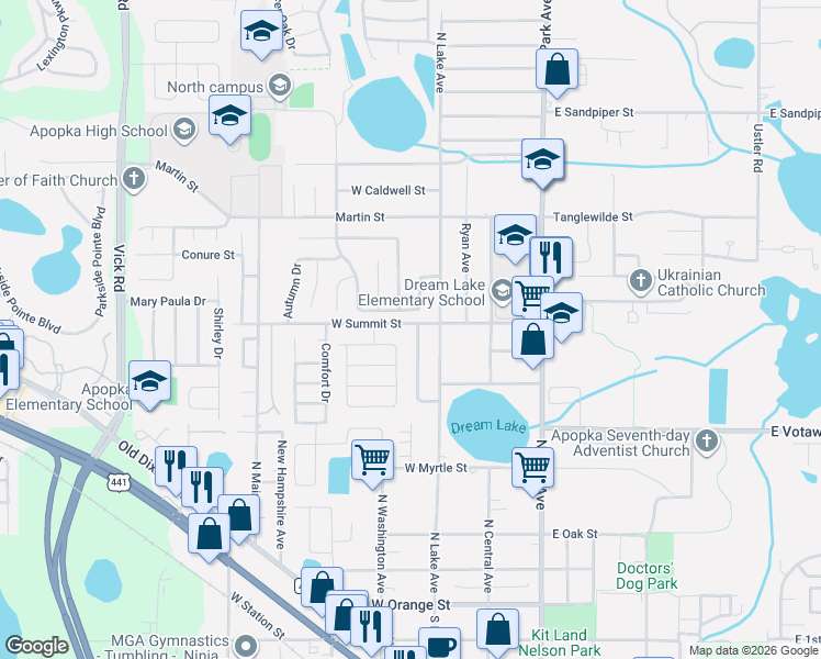 map of restaurants, bars, coffee shops, grocery stores, and more near 488 Dream Lake Drive in Apopka