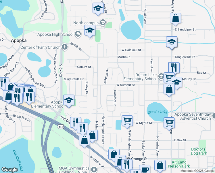 map of restaurants, bars, coffee shops, grocery stores, and more near 481 Breezeway Drive in Apopka