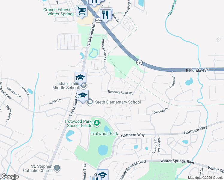 map of restaurants, bars, coffee shops, grocery stores, and more near 1459 Rushing Rapids Way in Winter Springs