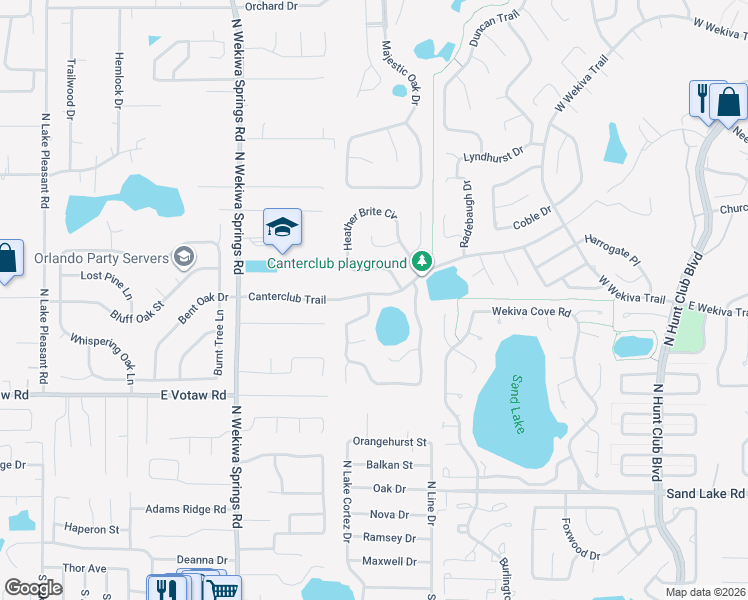 map of restaurants, bars, coffee shops, grocery stores, and more near 2632 Canterclub Trail in Apopka