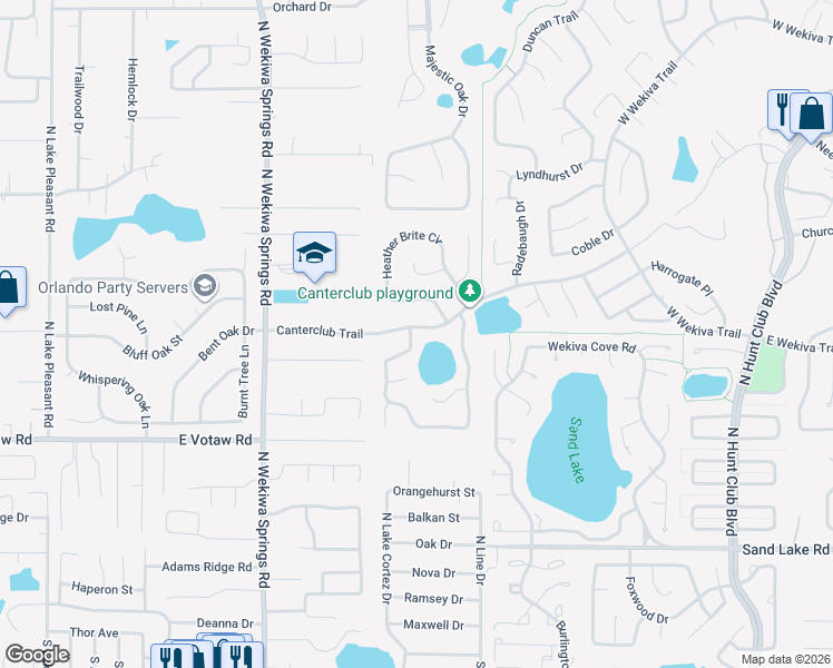 map of restaurants, bars, coffee shops, grocery stores, and more near 2632 Canterclub Trail in Apopka