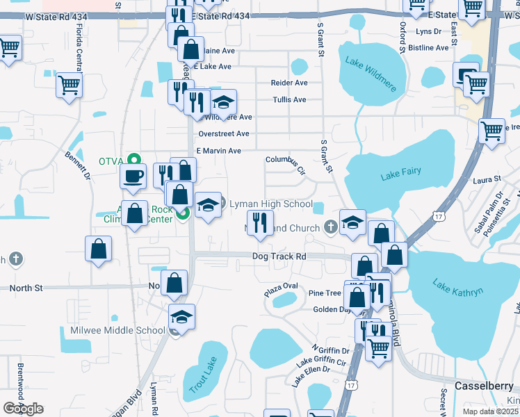 map of restaurants, bars, coffee shops, grocery stores, and more near 710 Columbus Way in Longwood