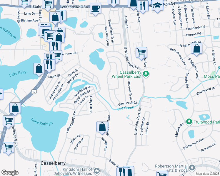 map of restaurants, bars, coffee shops, grocery stores, and more near 835 Osceola Trail in Casselberry
