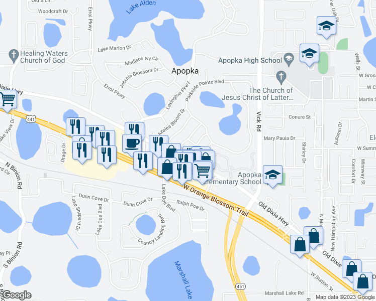 map of restaurants, bars, coffee shops, grocery stores, and more near 815 Magnolia Blossom Court in Apopka