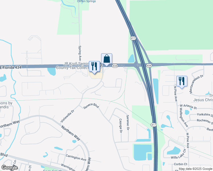 map of restaurants, bars, coffee shops, grocery stores, and more near 107 Redtail Place in Winter Springs