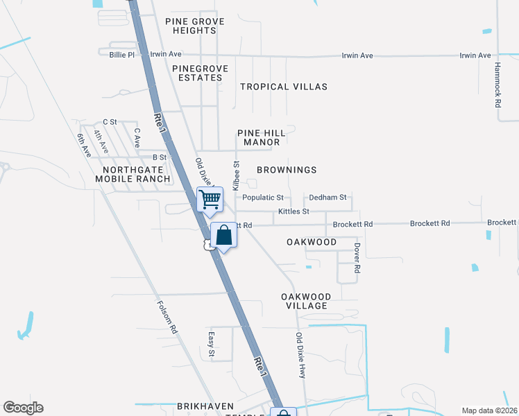 map of restaurants, bars, coffee shops, grocery stores, and more near 3458 Kittles Street in Mims