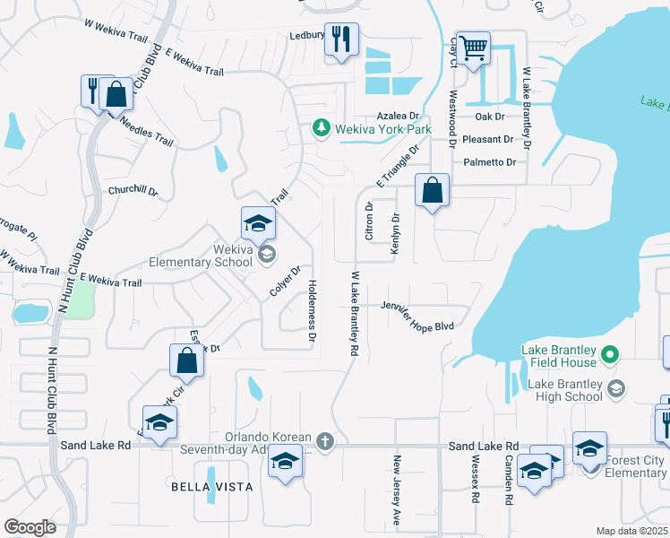 map of restaurants, bars, coffee shops, grocery stores, and more near 2831 Brantley Hills Court in Longwood