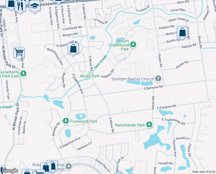 map of restaurants, bars, coffee shops, grocery stores, and more near 120 East Bahama Road in Winter Springs