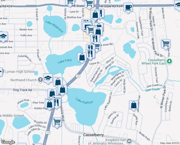 map of restaurants, bars, coffee shops, grocery stores, and more near 880 Tumbleweed Lane in Casselberry