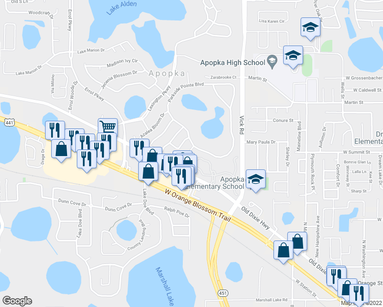 map of restaurants, bars, coffee shops, grocery stores, and more near 567 Forsyth Creek Court in Apopka